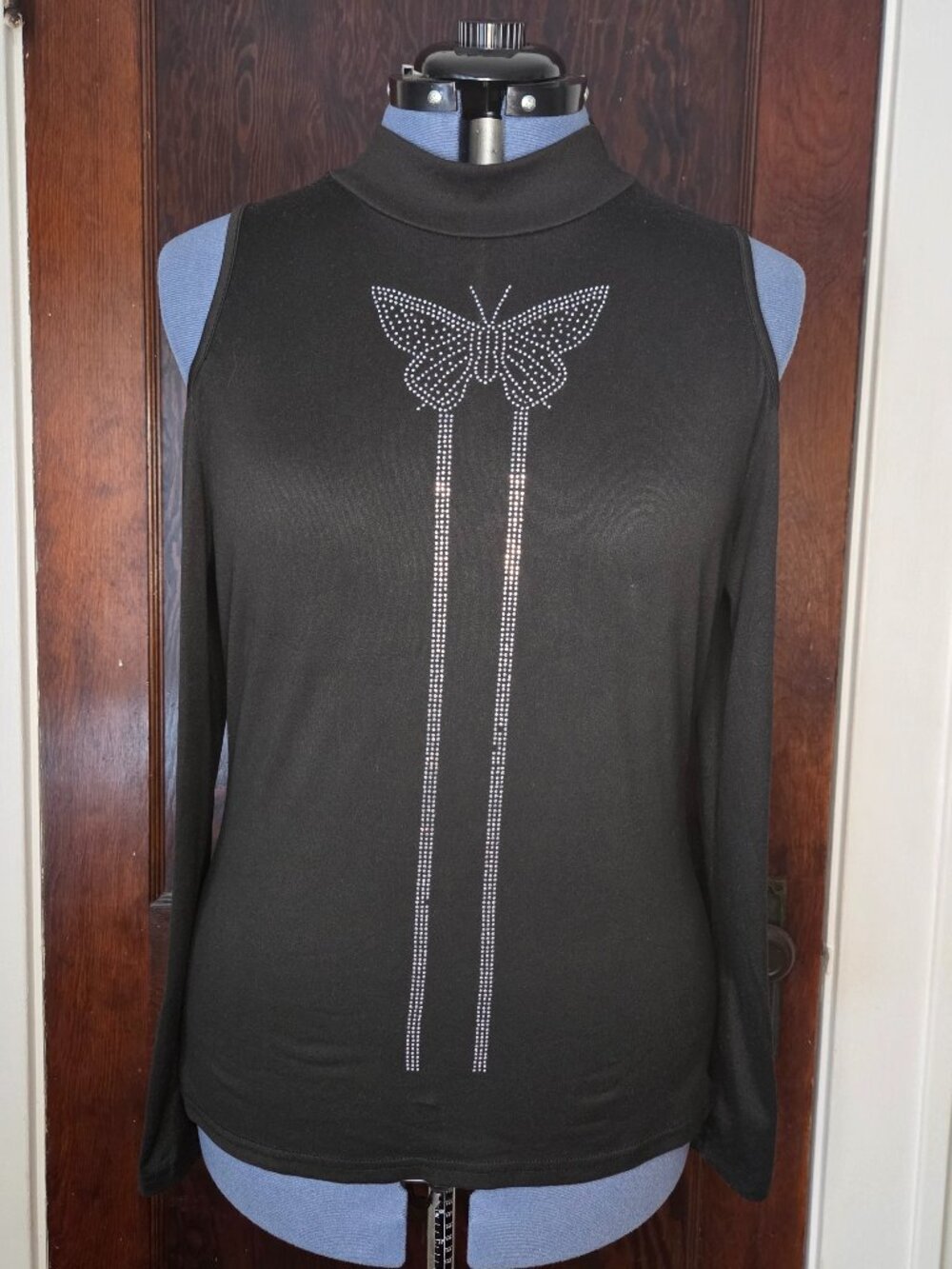 Denater Y2K Black Butterfly Sequin Cold Shoulder Long Sleeve Mock Neck